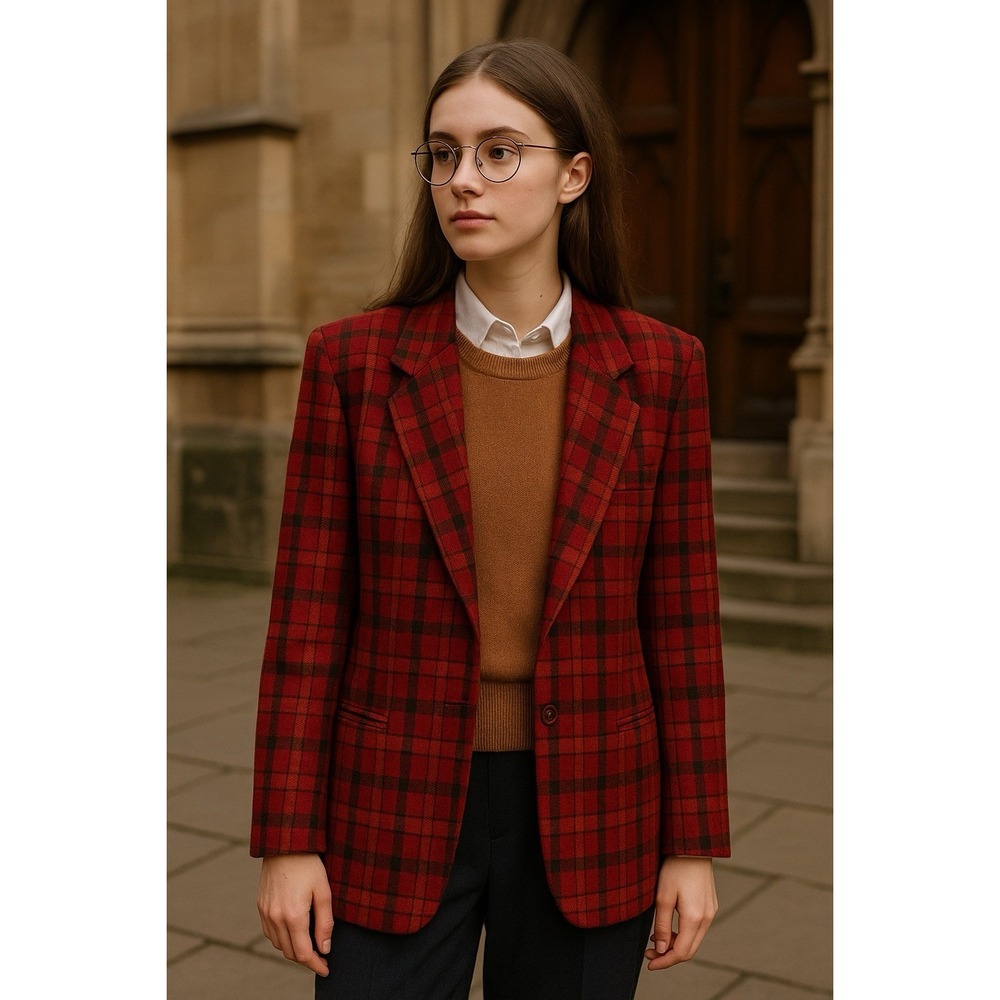Vtg 90s Leslie Fey Women's Blazer Red Brown Plaid Sz 14 Preppy Heritage Academia